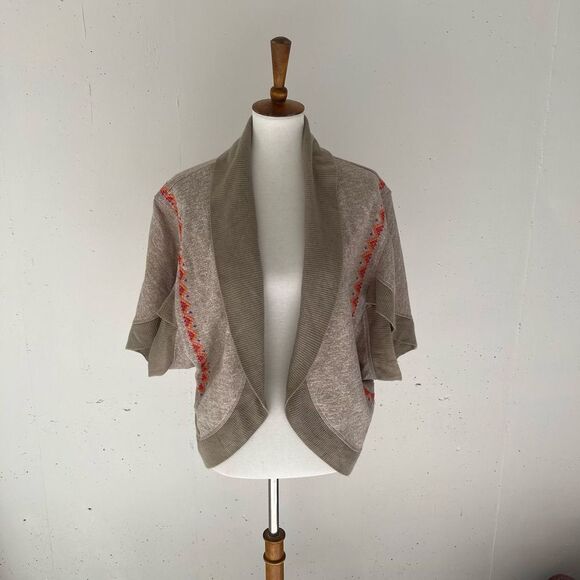 Beige oatmeal open front ribbed colorful crochet Jesus cross detail duster cardi - Picture 1 of 11